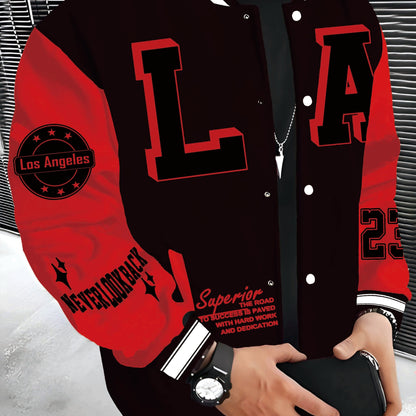 Men's LA Baseball Jacket in red and black with white lettering, "SUPERIOR QUALITY" embroidery. Made of lightweight and warm polyester with pockets, featuring a hip hop rock style.