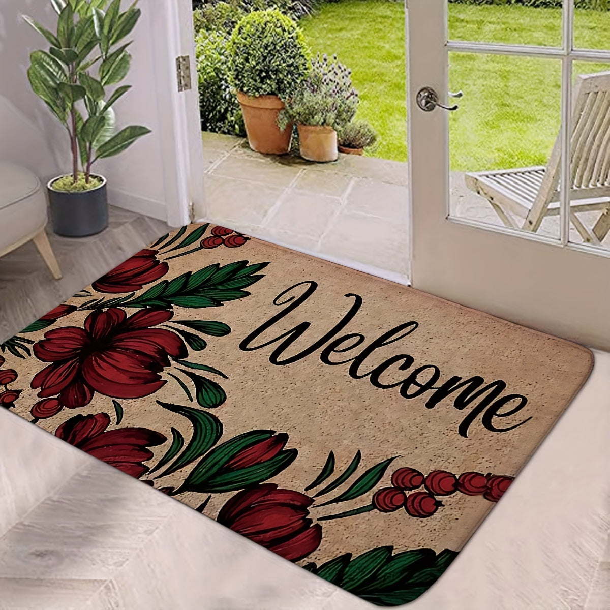 Red Flower Welcome Indoor/Outdoor Door Mat - Machine Washable, Rectangular Shape, Non-Slip Backing, Medium Pile, Made of Polyester