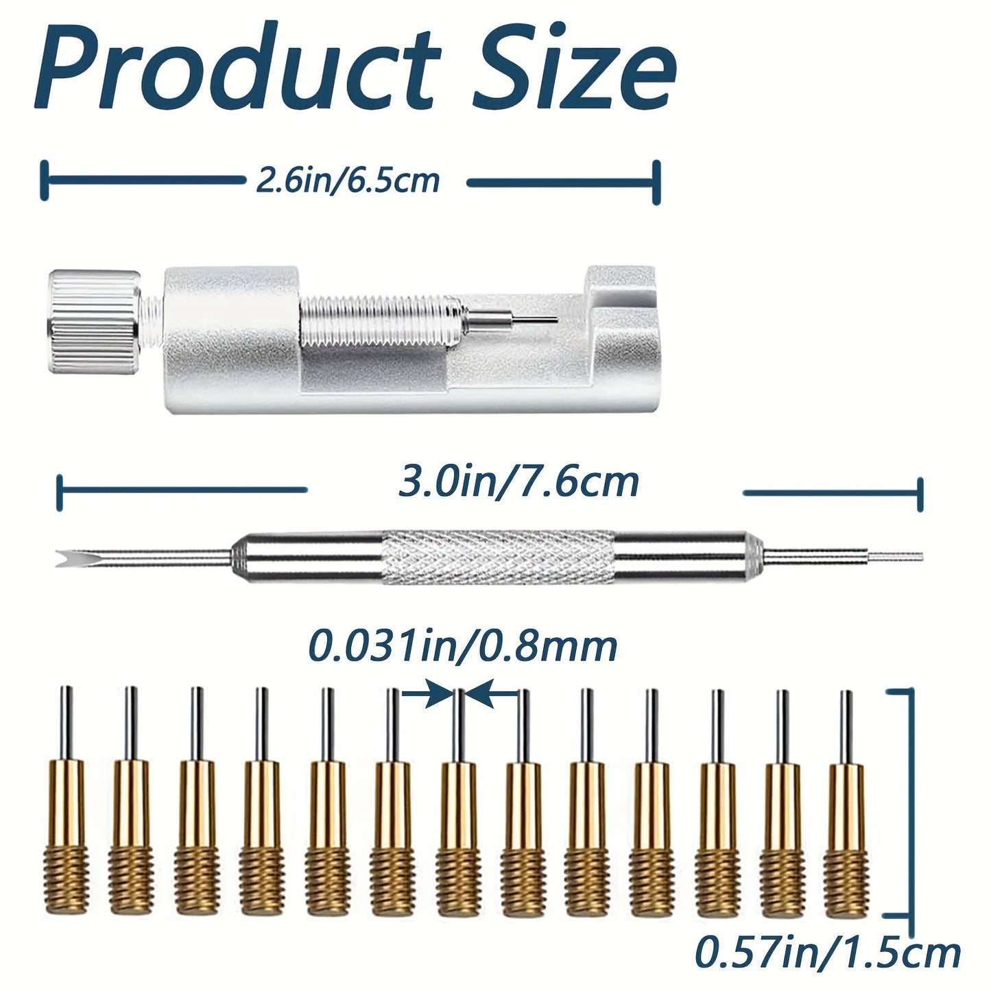 Watch Link Removal Tool Set includes 15 pieces, a Watch Band Tool Kit, Watch Strap Link Pin Adjustable Remover, Spring Bar Tool, and Spare Needles.