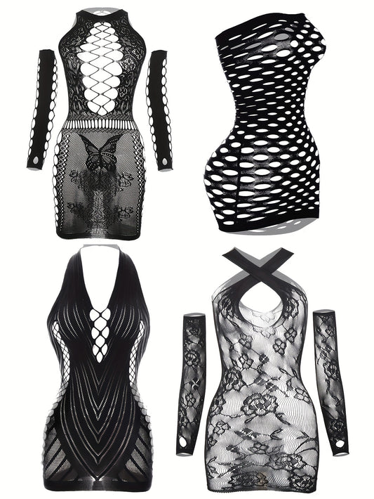 Four hot fishnet and bodycon dress pieces for women's sexy lingerie and underwear.