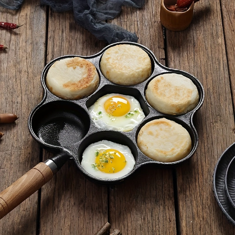 Cast Iron Petal Shaped Omelette Pan with 7 Holes and Deep Design, Non-Stick and Coating-Free, Egg Burger Mold featuring Wooden Handle - Ideal for Breakfast and Kitchen Essentials