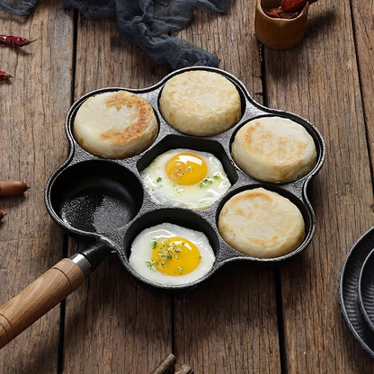 Cast Iron Petal Shaped Omelette Pan with 7 Holes and Deep Design, Non-Stick and Coating-Free, Egg Burger Mold featuring Wooden Handle - Ideal for Breakfast and Kitchen Essentials