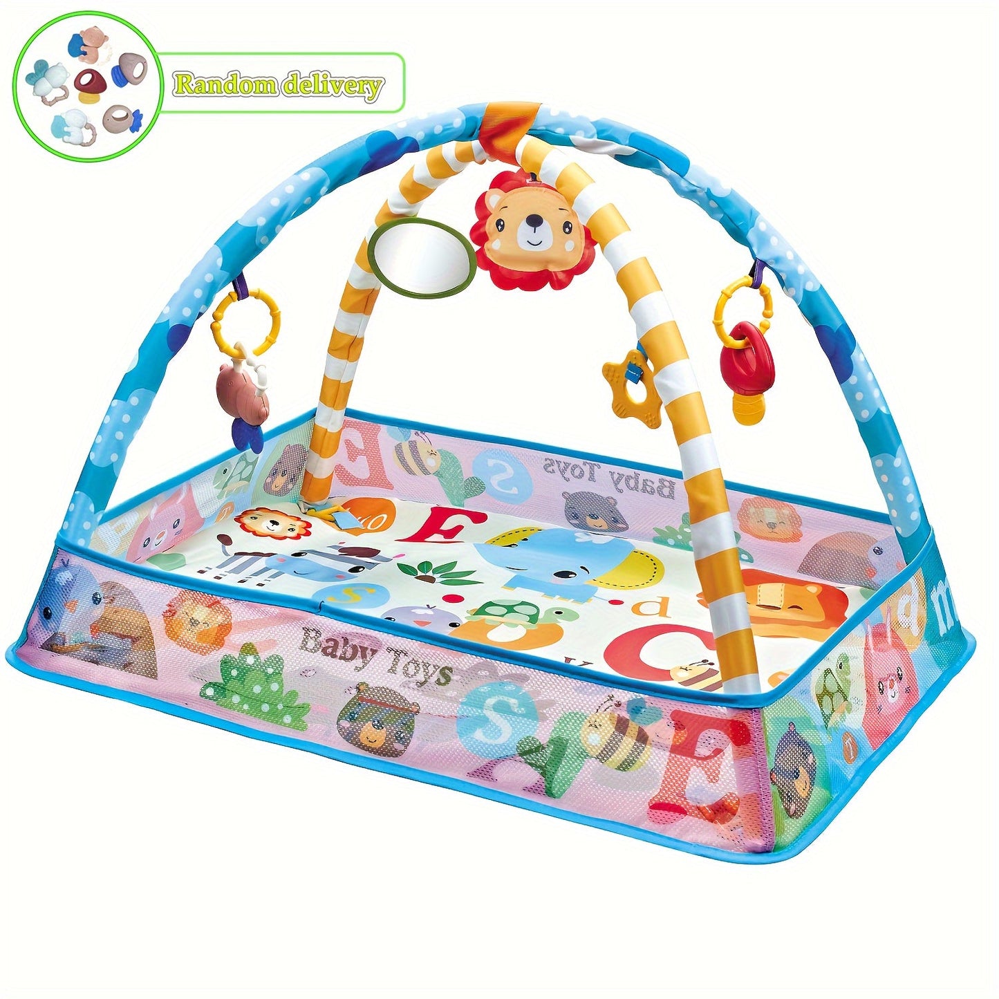 Colorful home play mat featuring an activity gym, ball pit, and sensory playmat. Safe and durable construction for endless hours of play.