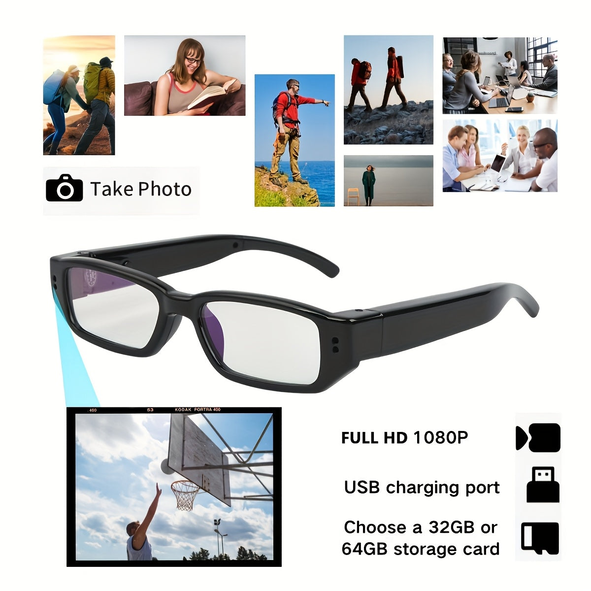 1pc Smart Glasses with 1080P HD video, ideal for outdoor sports and conference recording. Includes 32GB/64GB memory card.