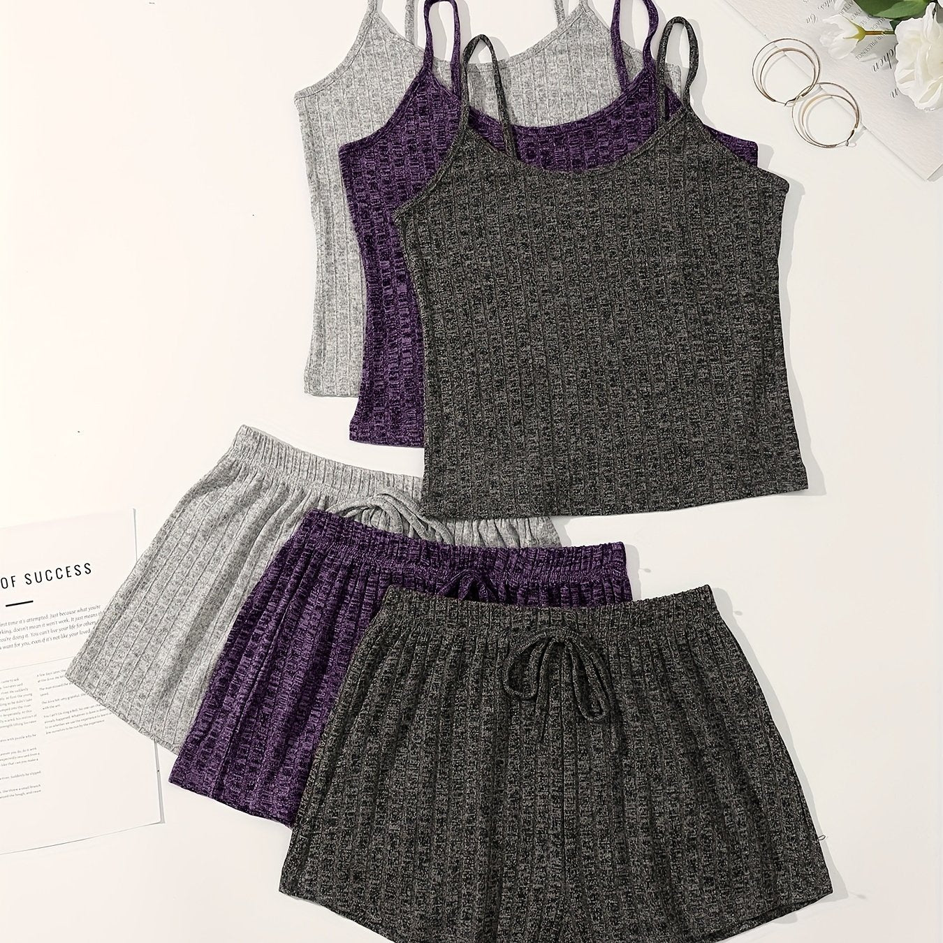 3-piece ribbed lounge set for women featuring a casual backless cami top and drawstring shorts.