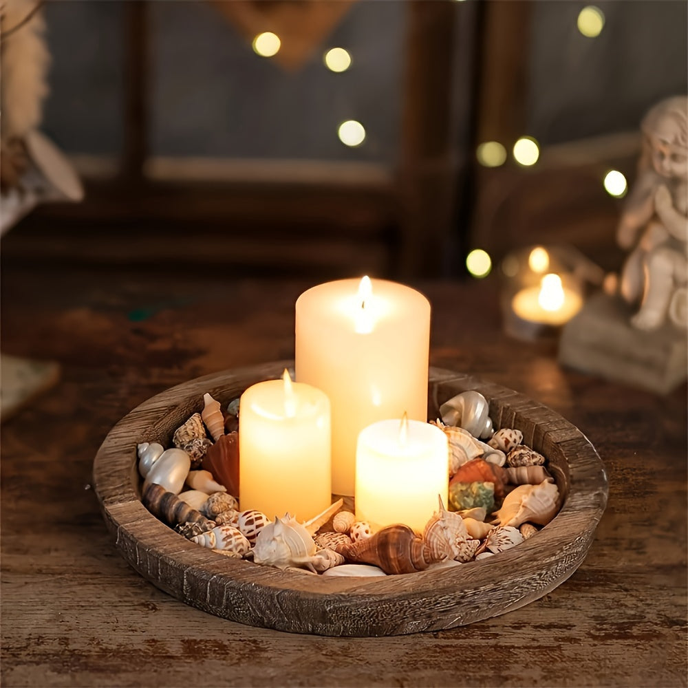 Small wooden candle tray for farmhouse table centerpiece and Halloween home decor.