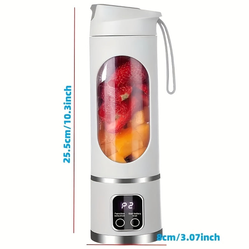 A versatile USB charging juicer blender with a digital display. Features include a 15.2 ounce capacity, 12 blades for powerful blending, 3 gears for customizing textures, ice crushing capability, low noise operation, easy cleaning, long battery life