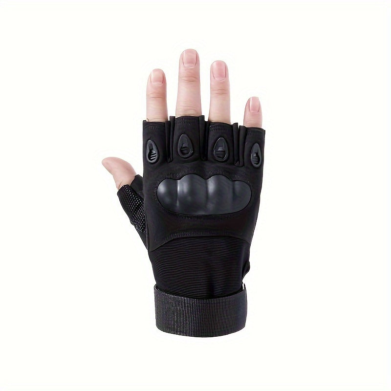 Half-finger gloves with breathable fabric, hard carbon knuckle, and hook-and-loop closure - perfect for outdoor activities.