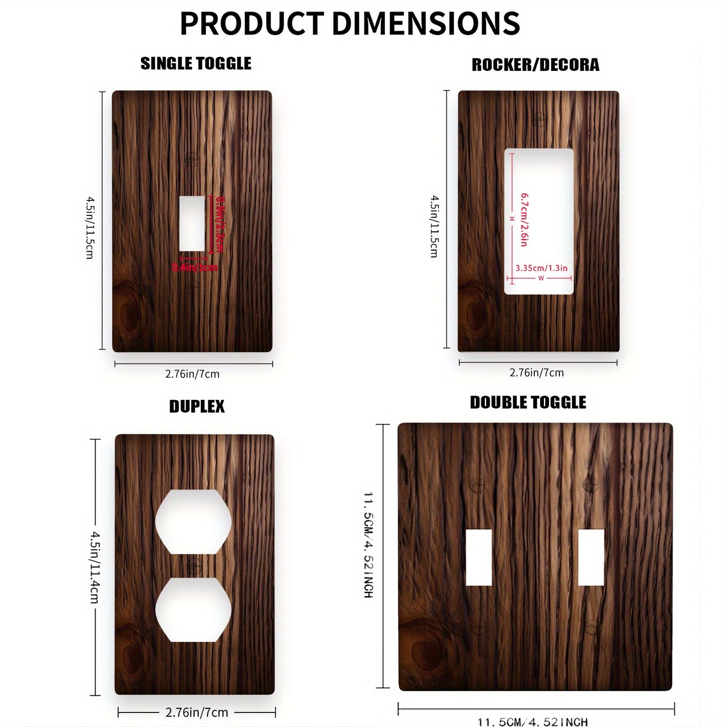 Wood grain wall plate cover for light switches, no power required, easy to clean, available in 1-gang or 2-gang sizes.