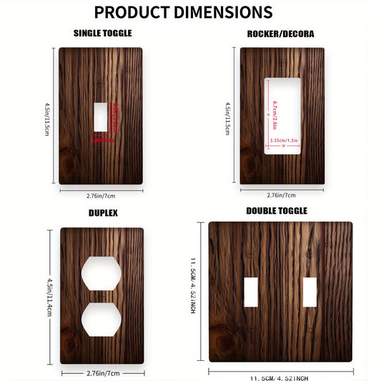 Wood grain wall plate cover for light switches, no power required, easy to clean, available in 1-gang or 2-gang sizes.