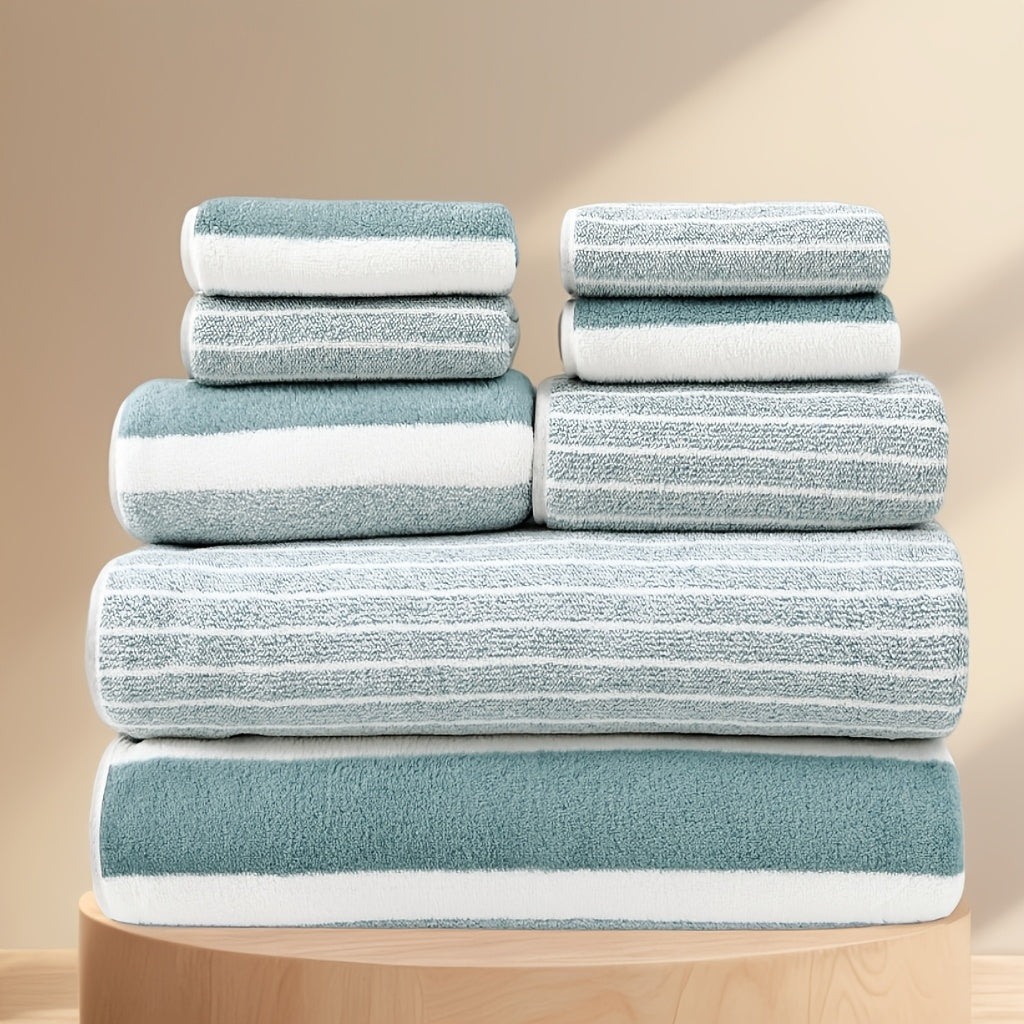 Set of 8 soft coral velvet towels, including 2 bath towels, 2 hand towels, and 4 square towels. Absorbent and quick-drying, suitable for household and travel use. Great for bathrooms, schools, and guests.