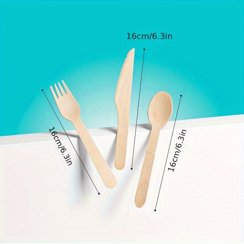 This pack includes a total of 150 disposable birch wood utensils, consisting of 50 knives, 50 forks, and 50 spoons, all measuring 16 cm each. These utensils are ideal for various events such as parties, camping trips, banquets, weddings, and picnics.