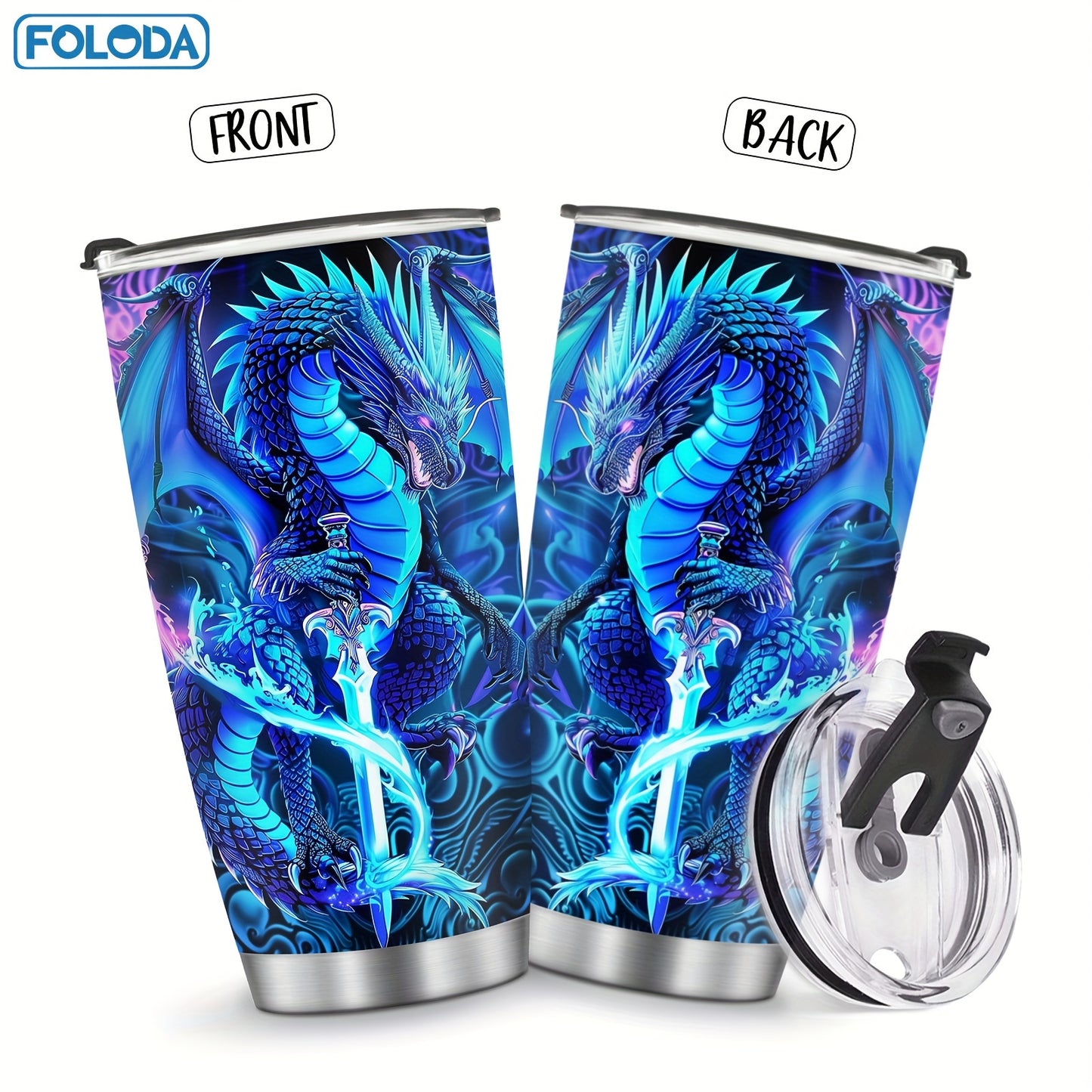 20oz stainless steel tumbler with dragon fairy tale design, ideal for outdoor activities and holidays.