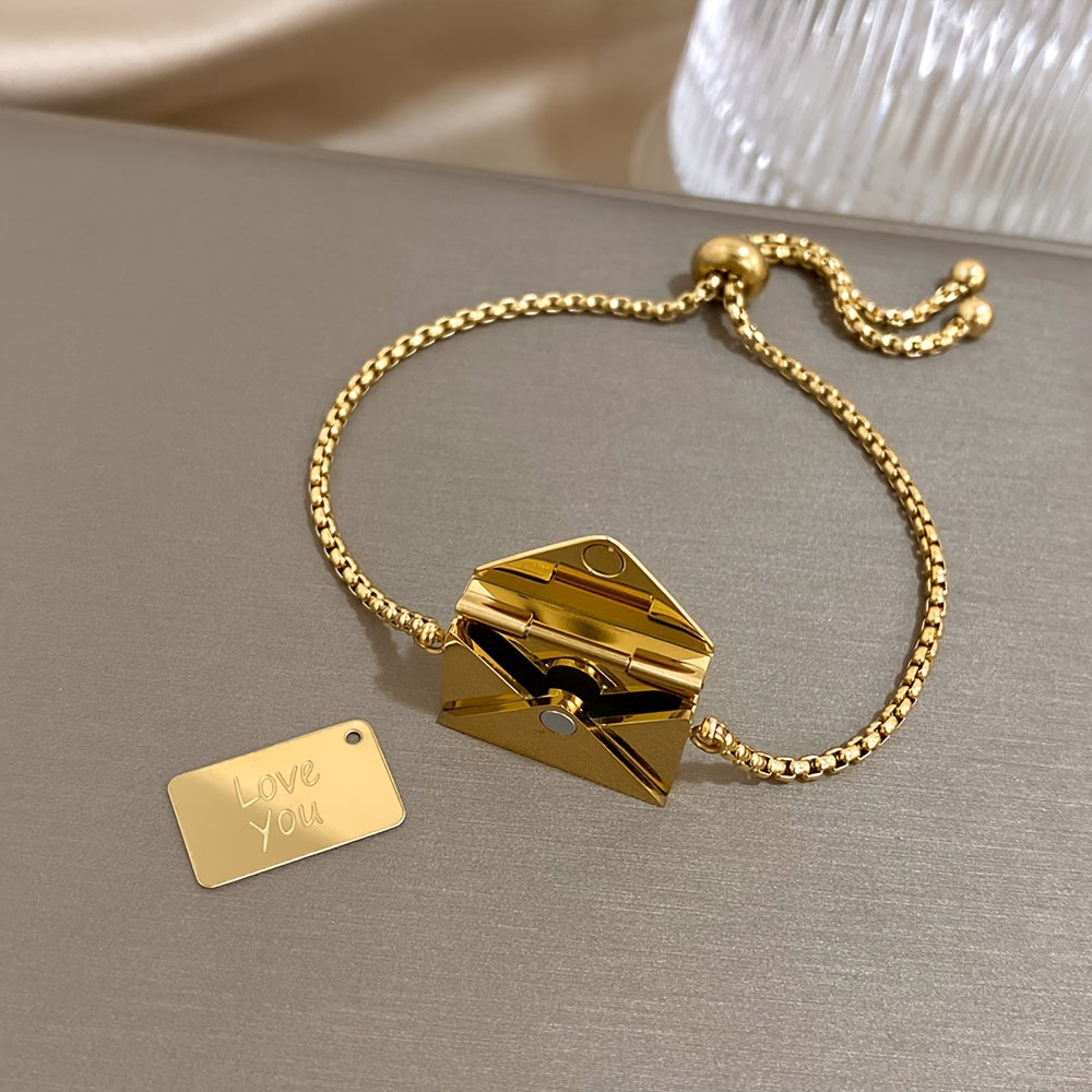 New Envelope Pendant Bracelet can be opened with a love letter inside. This 18K Golden Plated Stainless Steel Bracelet is a perfect surprise gift for loved ones on Valentine's Day.