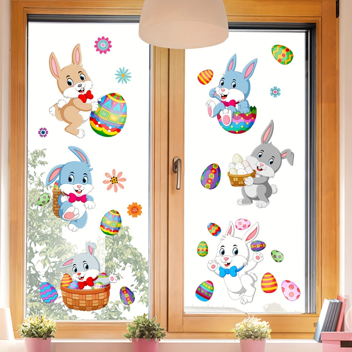 This listing is for a set of two Easter bunny and egg glass window stickers, each measuring 20*30cm. These stickers are perfect for decorating bedrooms, living rooms, balconies, and windows. They feature self-adhesive double-sided printing and are