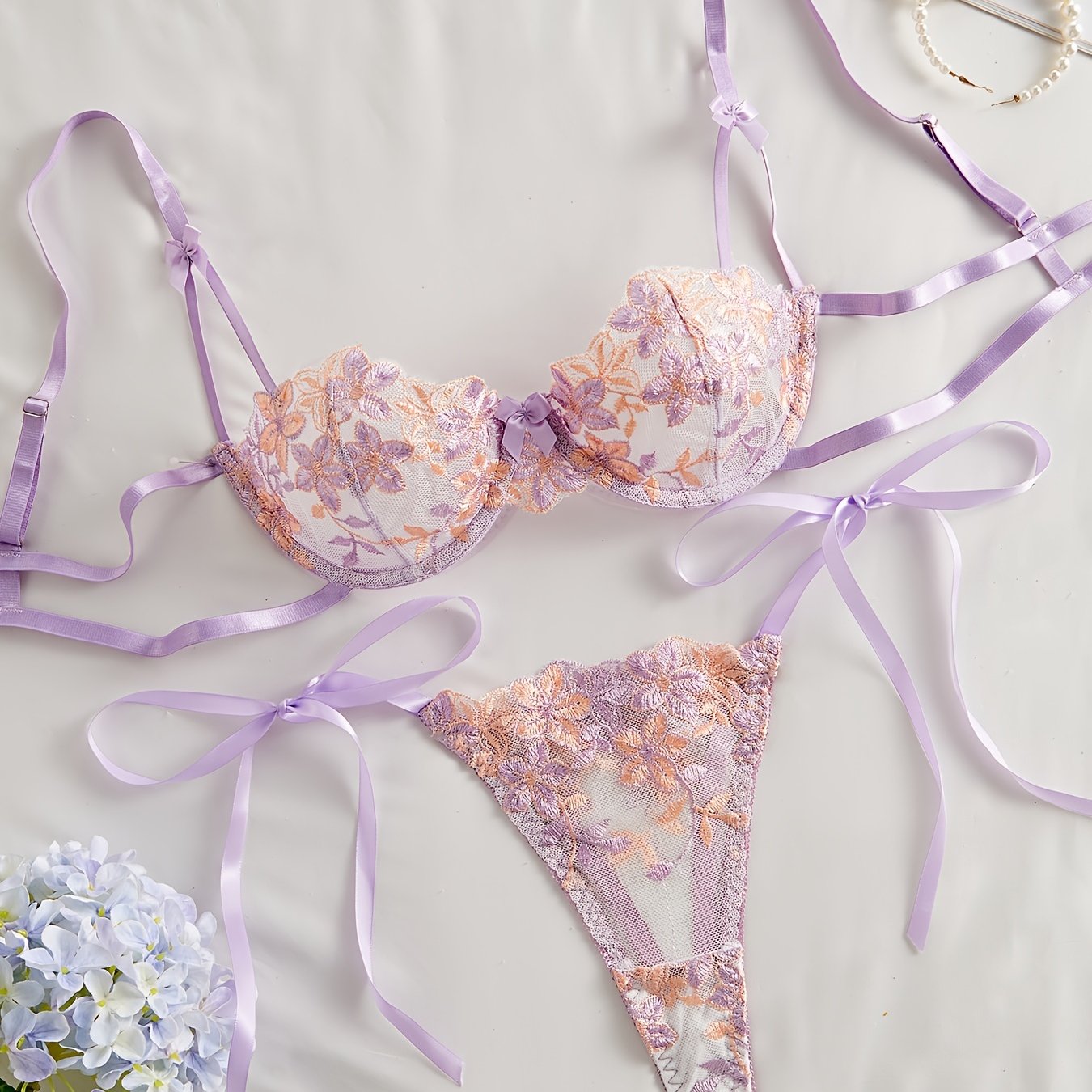 Floral lace bralettes and panties set with tie details, sexy sheer lingerie for women.