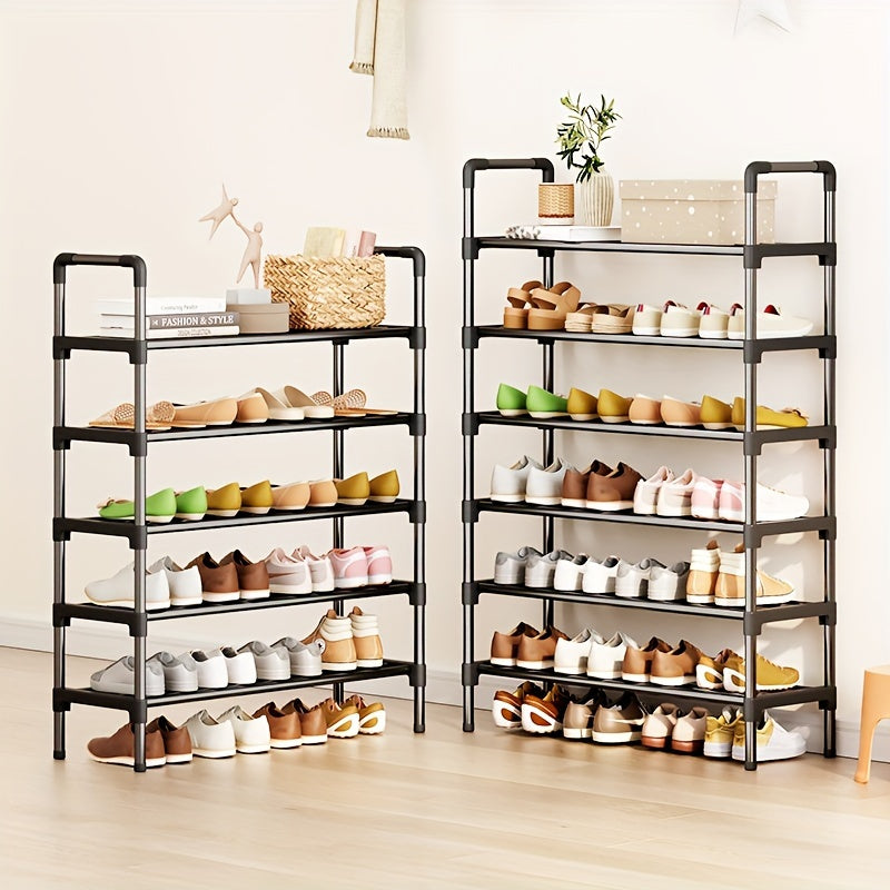 Upgrade your shoe organization with this sleek black metal and plastic shoe rack. With six tiers, it provides ample storage space for all your shoes, whether in the entryway, bedroom, or even outdoor. This stackable and freestanding shoe organizer is