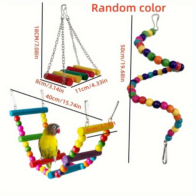 Bird toy set with swing, climbing ladder, stairs, colorful bells, and chew toys for small and medium parrots to relieve boredom and provide educational training. Available in sets of 3, 5