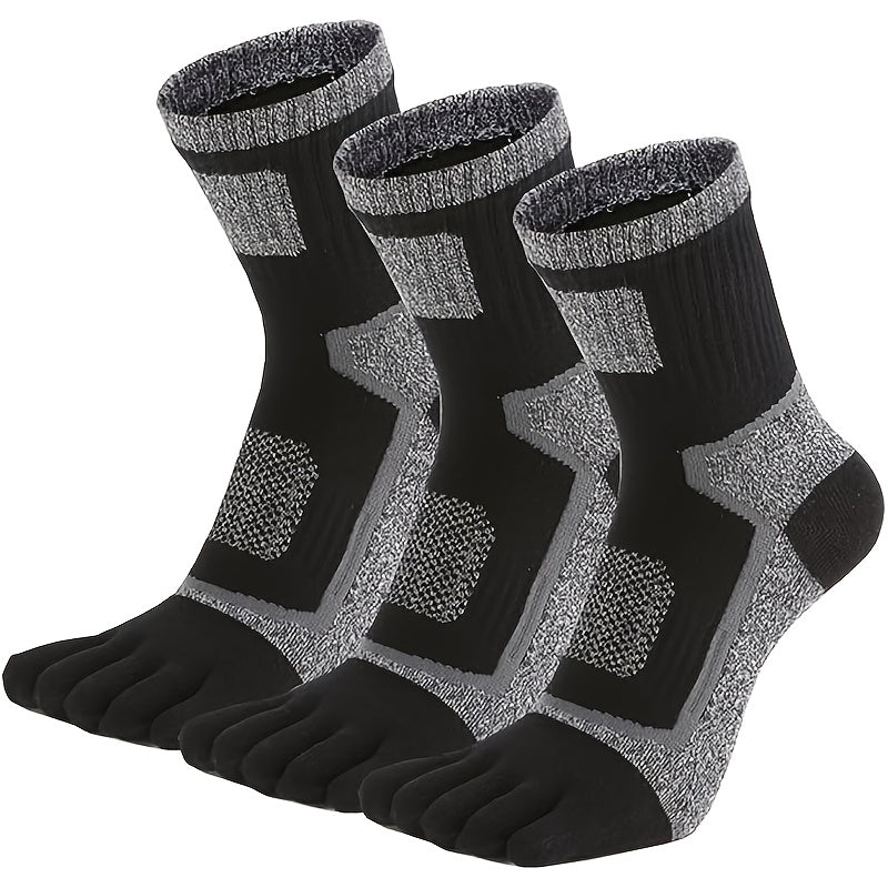 Three pairs of men's five-toe sports socks, sweat-absorbing and durable for cycling, sailing, and outdoor hiking. Medium-length, one size fits all (7-11), sweat-resistant.