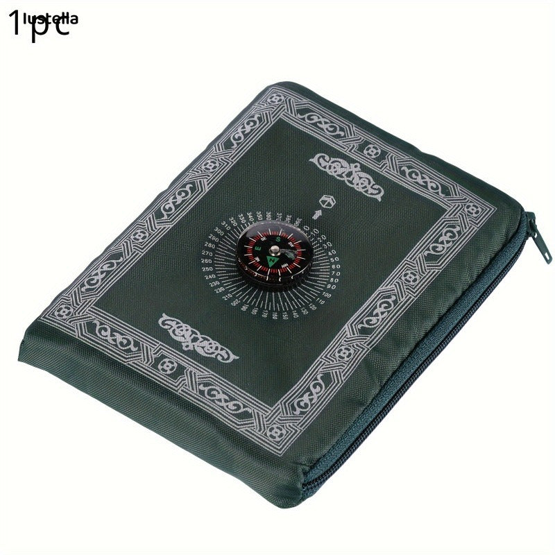 Portable, waterproof travel prayer mat for Muslims. Made of machine washable polyester, this worship mat includes a built-in compass and measures 59.94cm x 100.08cm. Available in black or green, making it the perfect Ramadan gift.