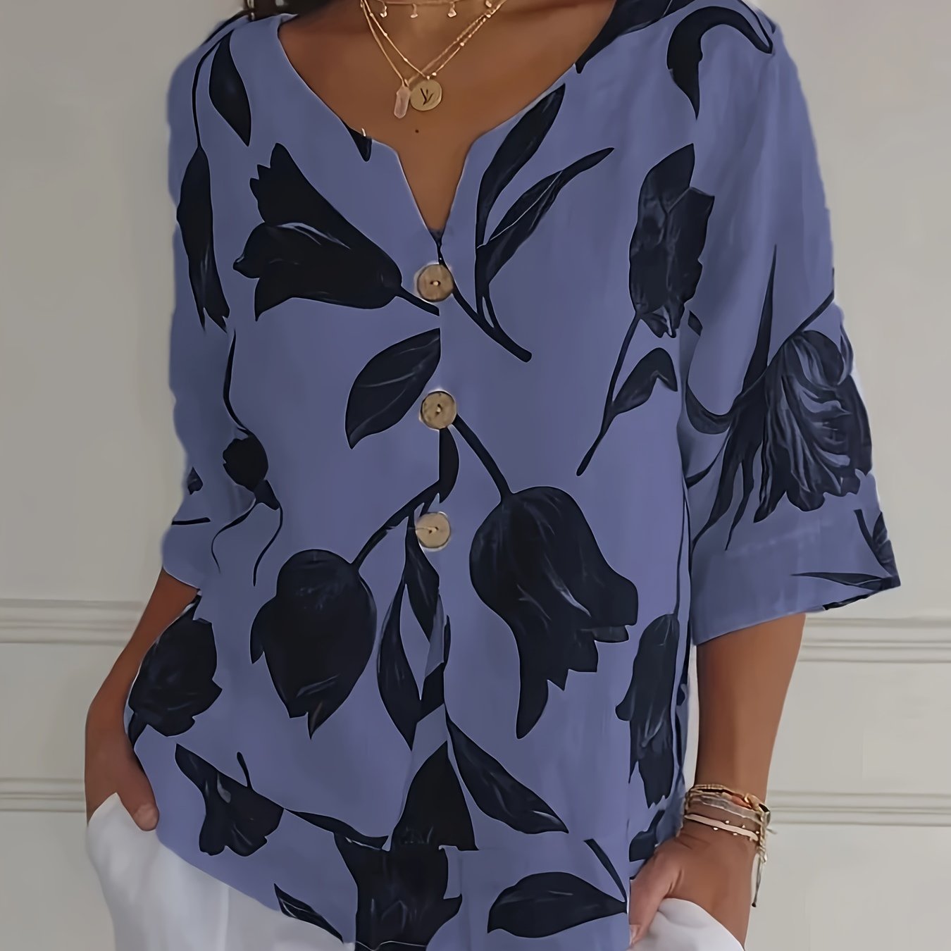 Print Plus Size Floral V-Neck Blouse with Button Detail - Casual Half Sleeve, Non-Stretch Polyester Blend for Women.