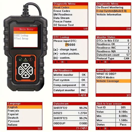 3001 Advanced OBD2 Scanner - USB quvvatlanadi, O2 sensorini qo'llab-quvvatlaydi, umr bo'yi bepul yangilanish, 1996-yildan boshlab barcha transport vositalari uchun, kod tayyorligi ko'rsatkichi bilan diagnostika menyusi.