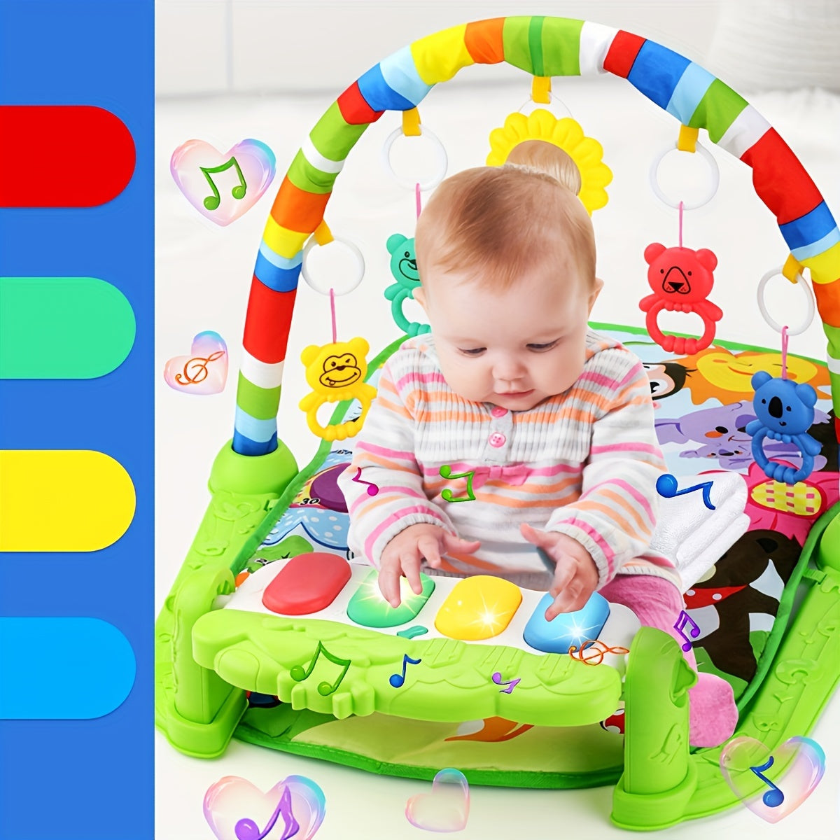 Bright pink and green interactive baby play mat with music pedal piano, educational fitness activity center. Battery powered and made of plastic. Perfect for Christmas, birthday, or Halloween gifts.