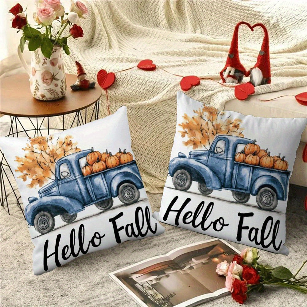 Set of 2 contemporary flannel pillow covers, measuring 45.72x45.72 cm each. These machine washable cushion cases feature a zippered closure and a charming fall pumpkin truck design. Perfect for all seasons, these pillowcases are ideal for back sleepers