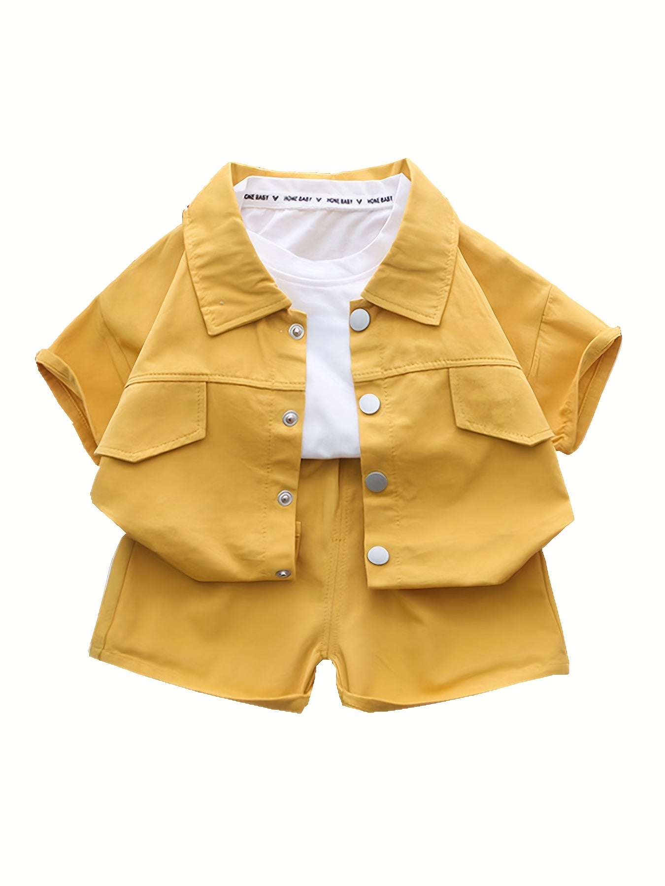 Boy's summer cotton shirt set with button-up lapel shirt and logo shorts.