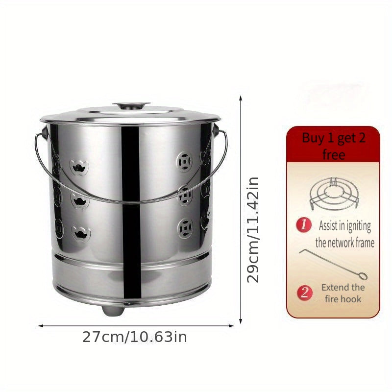 A portable stainless steel camping stove set, designed to be windproof and suitable for indoor and outdoor heating. This wood burner is perfect for use as a wood stove and is easily transportable.