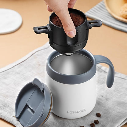 Black portable pour-over coffee dripper with a folding design and reusable stainless steel infuser, made from plastic materials, 1 piece