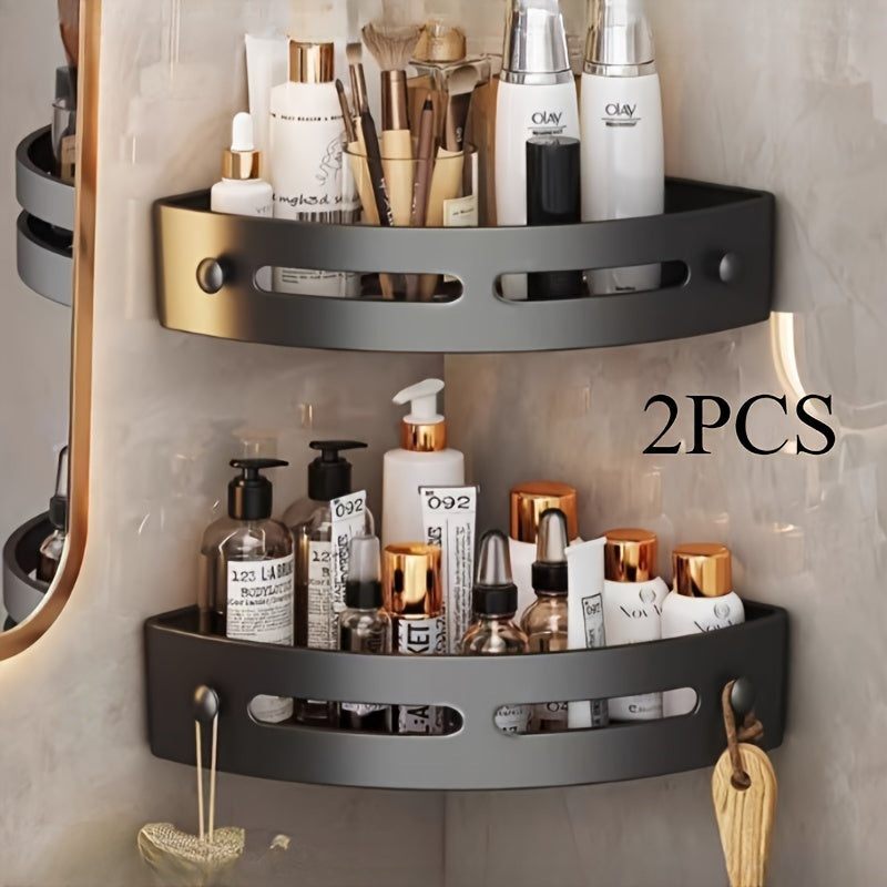 Two pieces of Corner Shower Caddy with Adhesive No-Drill feature that serves as a Bathroom Organizer. Made from Rust-Proof Plastic Material, this Wall-Mounted Storage Shelf comes with 2 Hooks for Shower Organization. No Electricity Required.