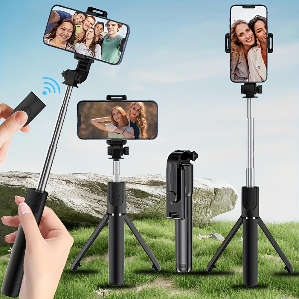 Portable selfie stick tripod with wireless remote control and 360-degree rotation, compatible with Apple iPhone, Samsung, and Android smartphones.