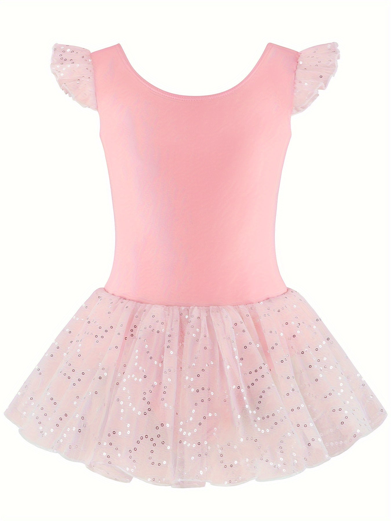 Cute pink sequin ballet leotard with tulle skirt, perfect for gymnastics and outdoor practice.