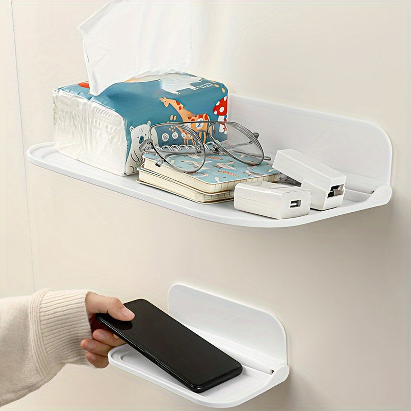 Wall-mounted collapsible shelf for organizing bathroom, kitchen, bedroom, and office accessories without drilling