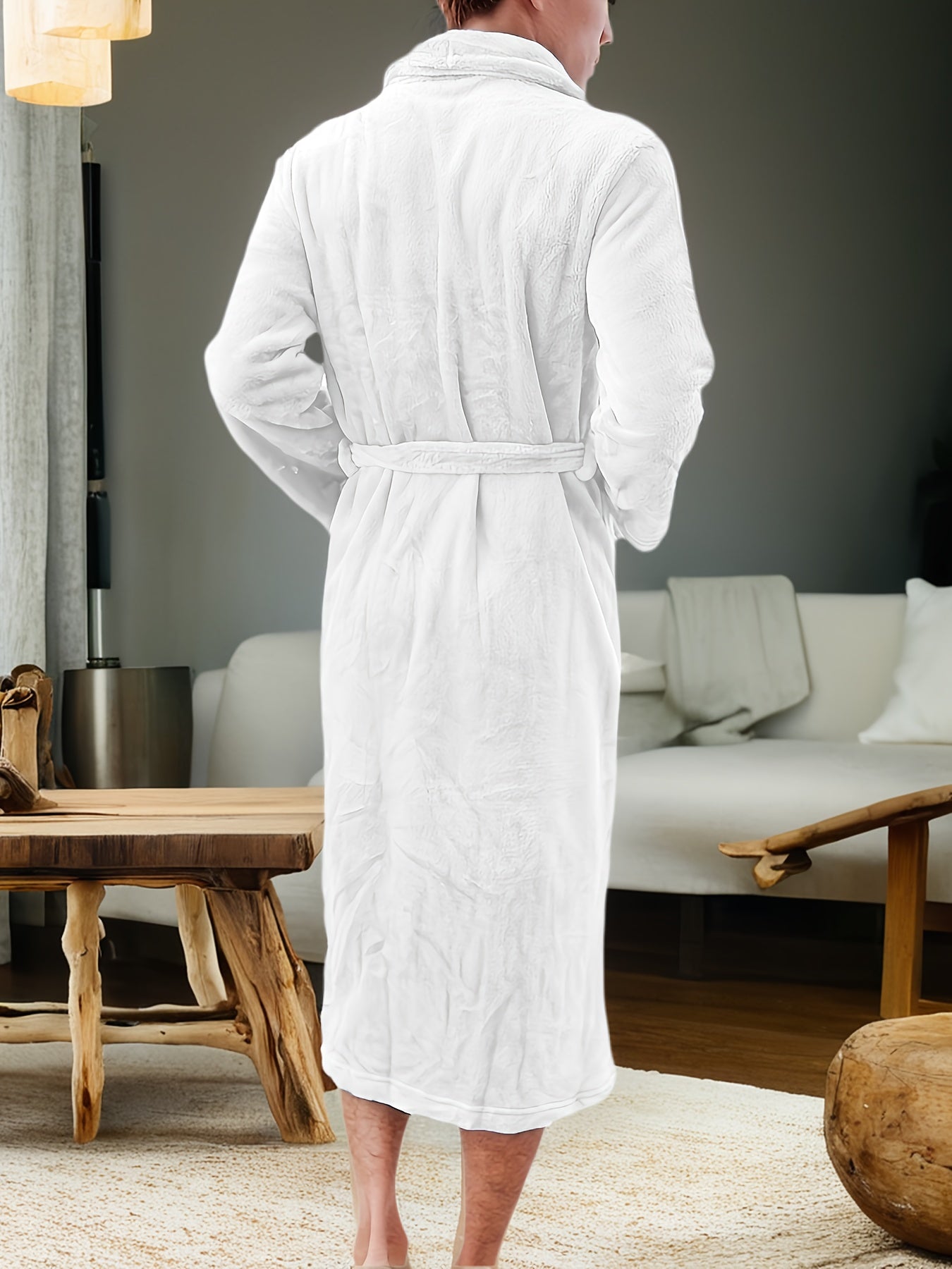 Soft white fleece bathrobe for men with pockets, V-neck, long sleeves, belted waist, and cozy kimono style for home & spa.