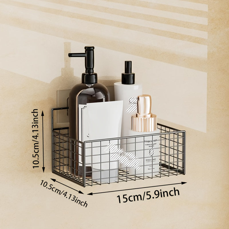 Simple-install shower caddy with cast iron mesh drain rack for bathroom organization and wall-mounted hanging shelf.