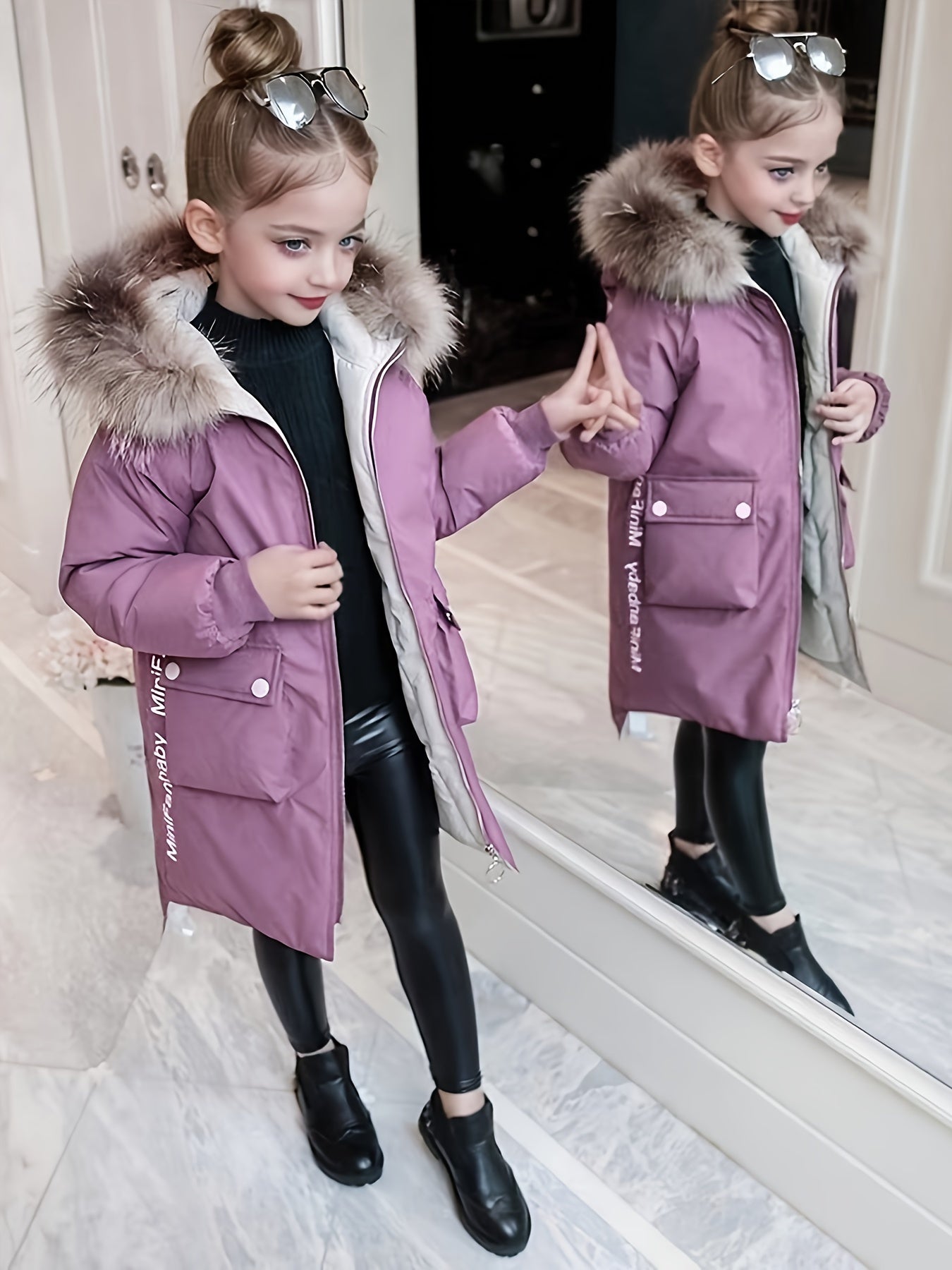 Girls' Elegant Winter Parka with Faux Fur Trim, Alphabet Pattern, Zipper Placket, Dipped Hem, Raglan Sleeves - Perfect for Skiing & Outdoor Activities.