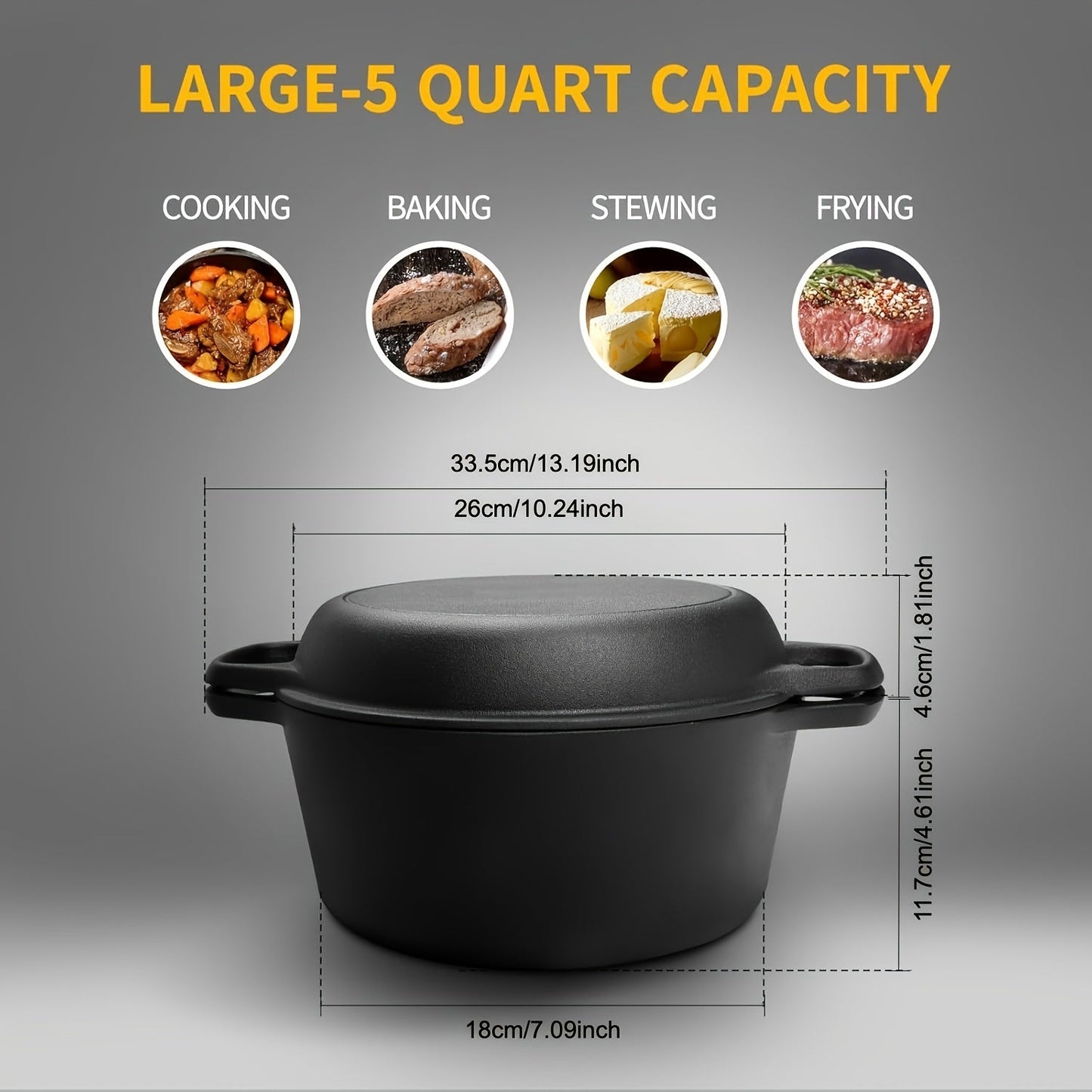 Pre-Seasoned Cast Iron Dutch Oven Set with Skillet Lid - Includes Dual Handles for Easy Handling - Perfect for Baking, Frying, Camping, and BBQ - 5 Quart Capacity - Versatile 2-in-1 Cookware Set