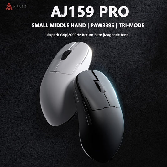 AJAZZ AJ159 Pro Gaming Mouse yengil, ergonomik dizayni, Tri-Mode 3396 Optik Sensor, SuperGrip 0Hz Qaytish Darajasi, Magnit Baza, Simli va Simsiz Ulanish, Qora va Oq ranglarda.