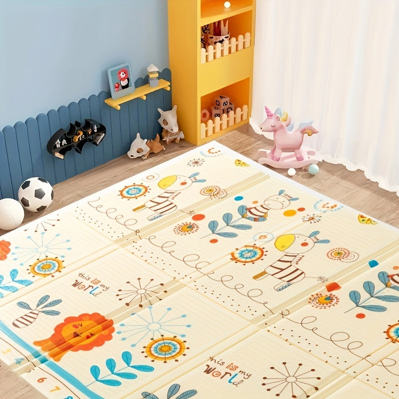 Foldable Large PE Baby Playmat with Reversible Animal and Nature Design - Non-Toxic, Easy to Clean - Suitable for Ages 0-3 Years - Includes Handbag Storage