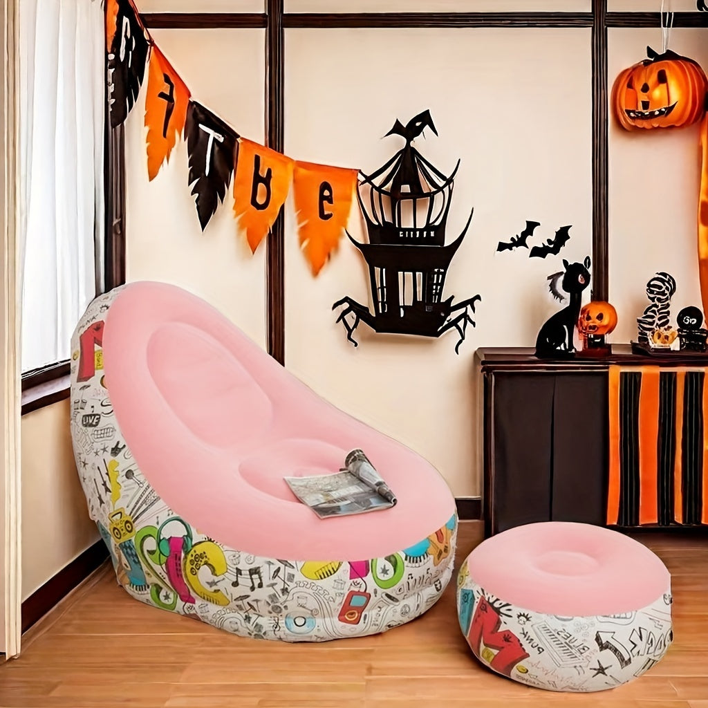 Brown Ergonomic Inflatable Lounger Sofa with Footrest, Festive Home Decor perfect for Halloween and Christmas. Made of Durable Plastic with Comfort Flocked Surface, this Relaxing Air Chair is ideal for the Living Room. Dry Clean Only. Pump Not Included.