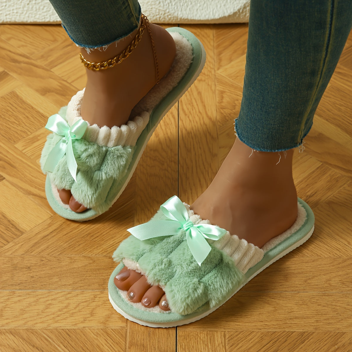 Cozy bowknot slippers with open toes for home comfort.