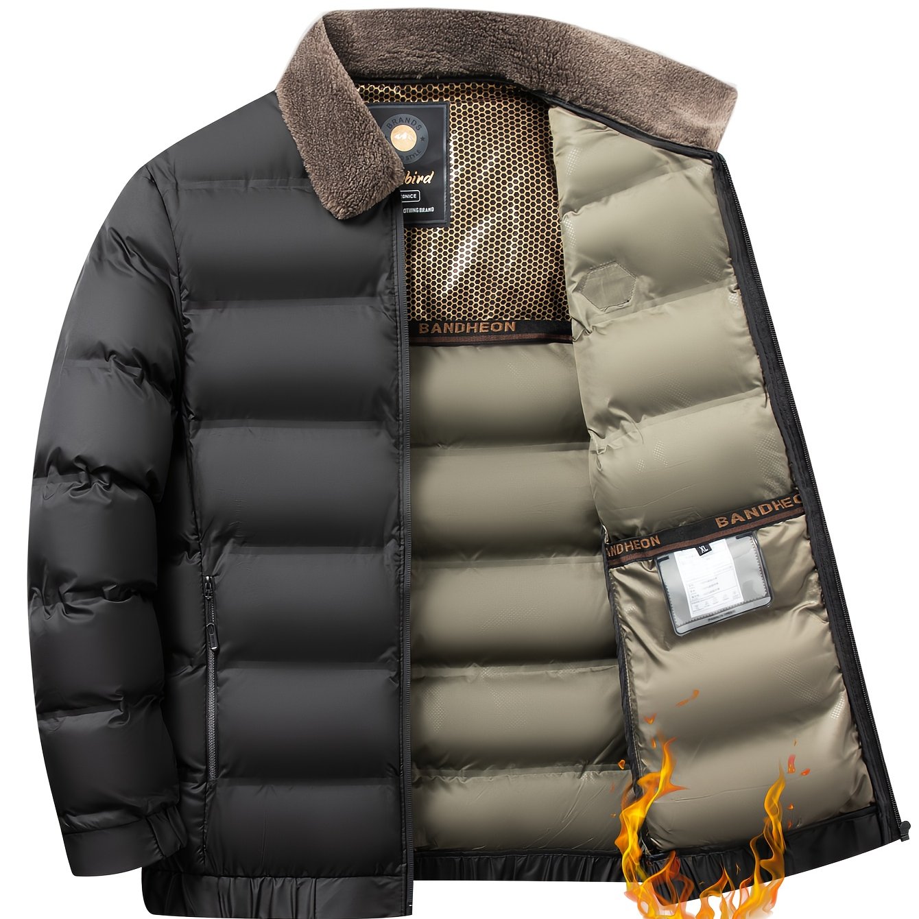 Men's winter jacket with faux fur lapel collar, regular fit, zippered outerwear, 500g/m² fabric weight, suitable for casual daily wear.