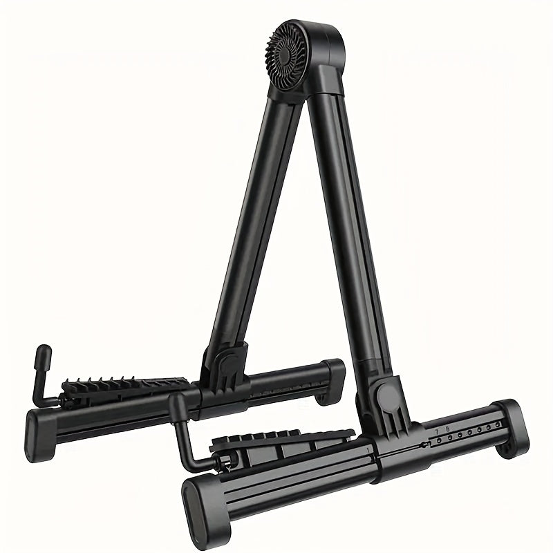 Adjustable, foldable A-frame guitar stand perfect for multiple instruments, easy to carry and install.