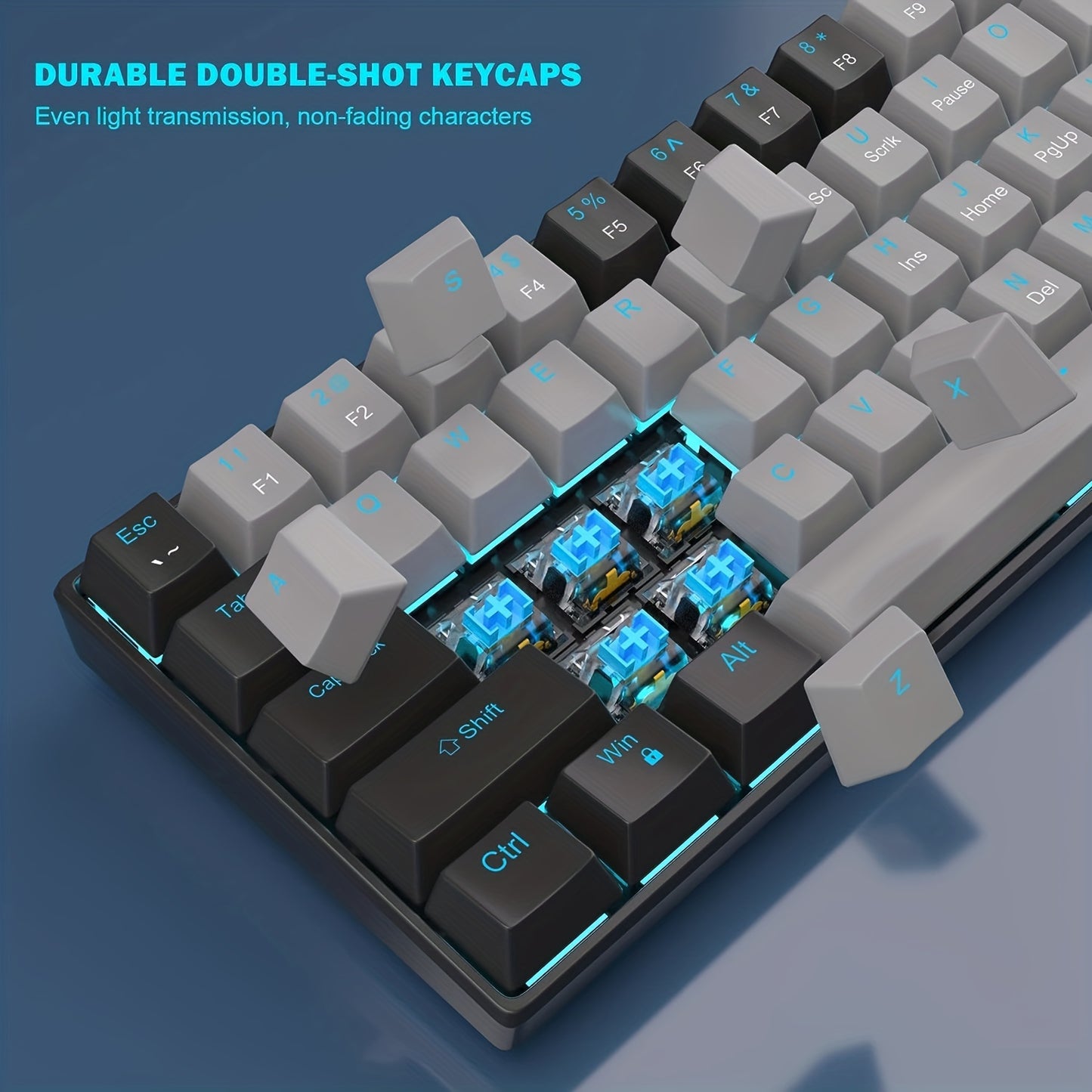 MageGee Ergonomic 60% Mechanical Gaming Keyboard with Blue Switches, Sea Blue Backlit, Compact and Portable for Gamers, USB Powered.