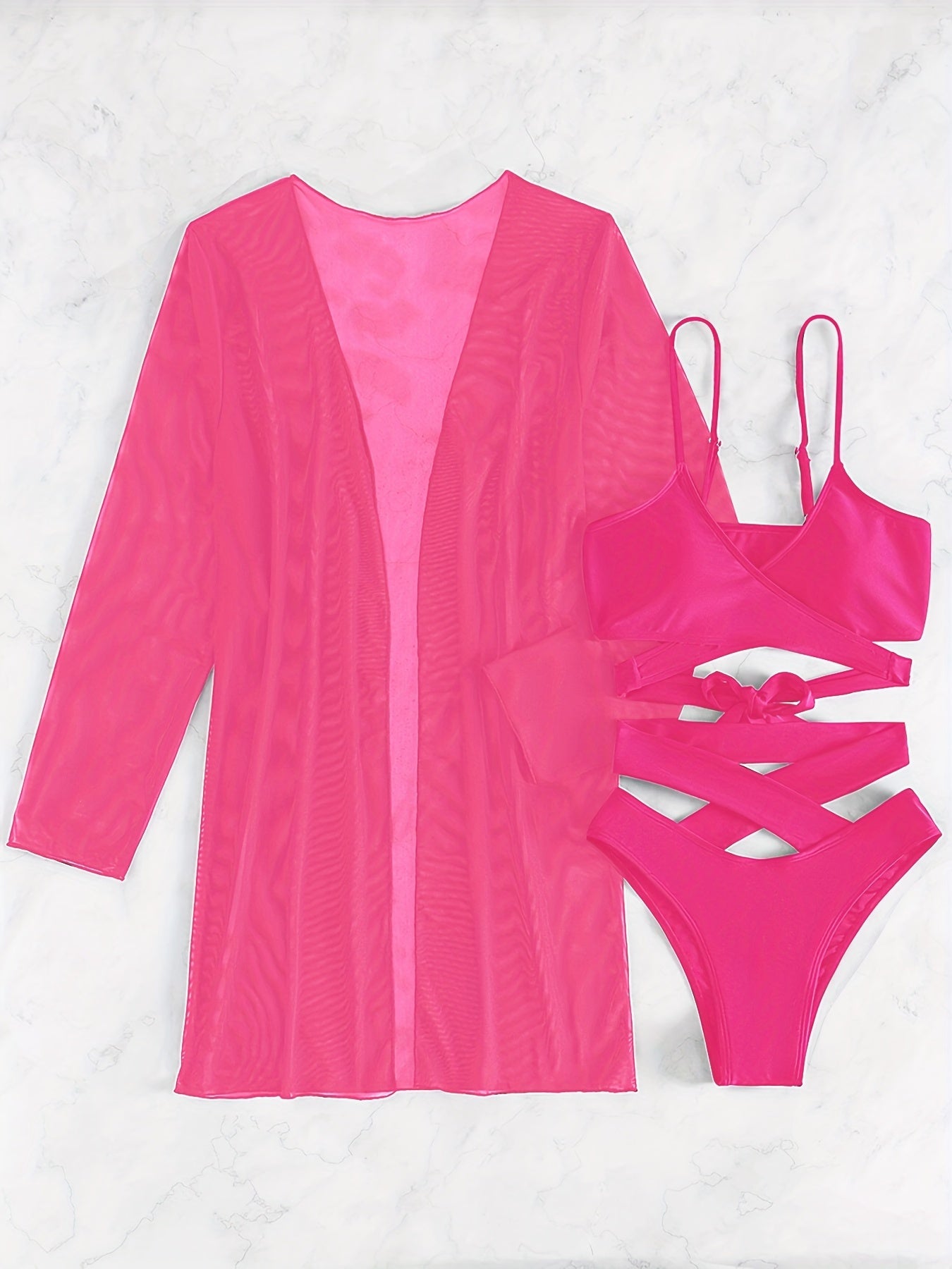 V-neck bikini set with high-cut bottoms, criss cross straps, long-sleeve cover up shirt.