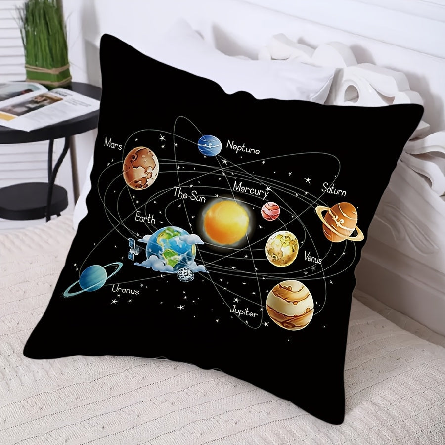 Solar System themed throw pillow cover made of polyester, measuring 44.96x44.96 cm. Features a contemporary style with a single-sided galaxy print including planets and stars. Machine washable with a zip closure for easy removal and cleaning. Perfect for