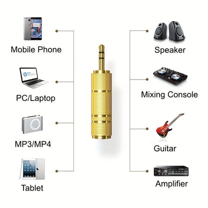 2Pcs Stereo Audio Adapter with 3.5mm Male to 6.35mm Female and 6.35mm Male to 3.5mm Female converters, gold plated.