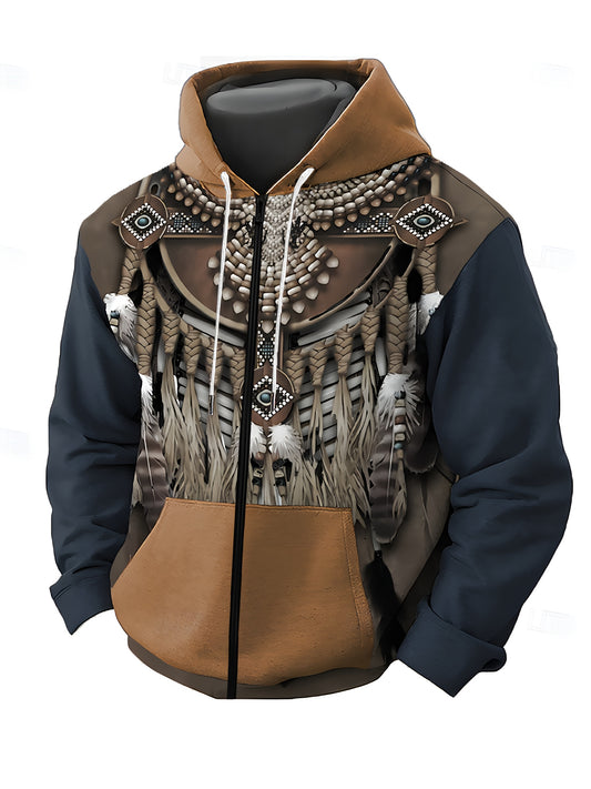 Men's casual zip-up hoodie with ethnic pattern print, kangaroo pocket, polyester fabric, slight stretch, regular fit, plus size.